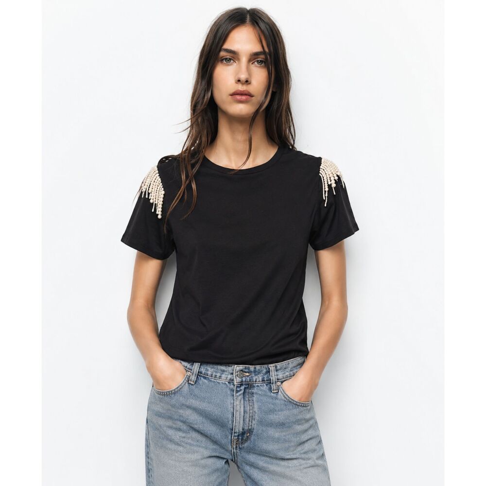 Joie Faux Pearl Fringe Shoulder Tee Black NWT Boho Chic Festival Luxe Y2K Top S - Picture 1 of 5